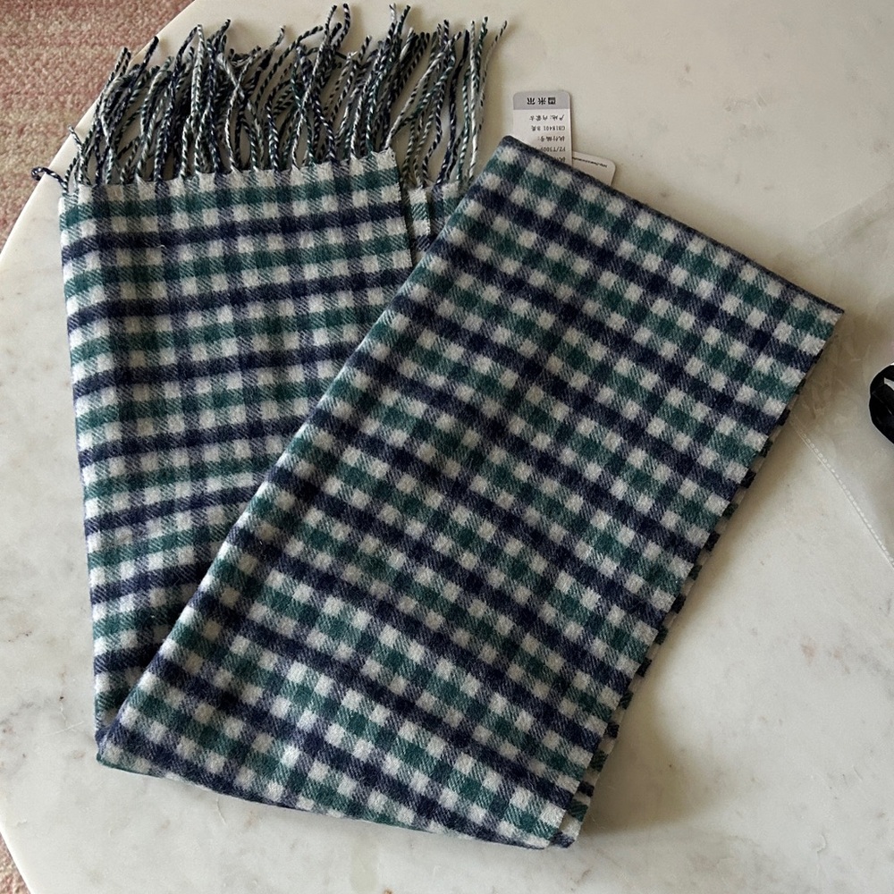 Plaid‎ wool fringe scarf blue and green 12x70 UNISEX